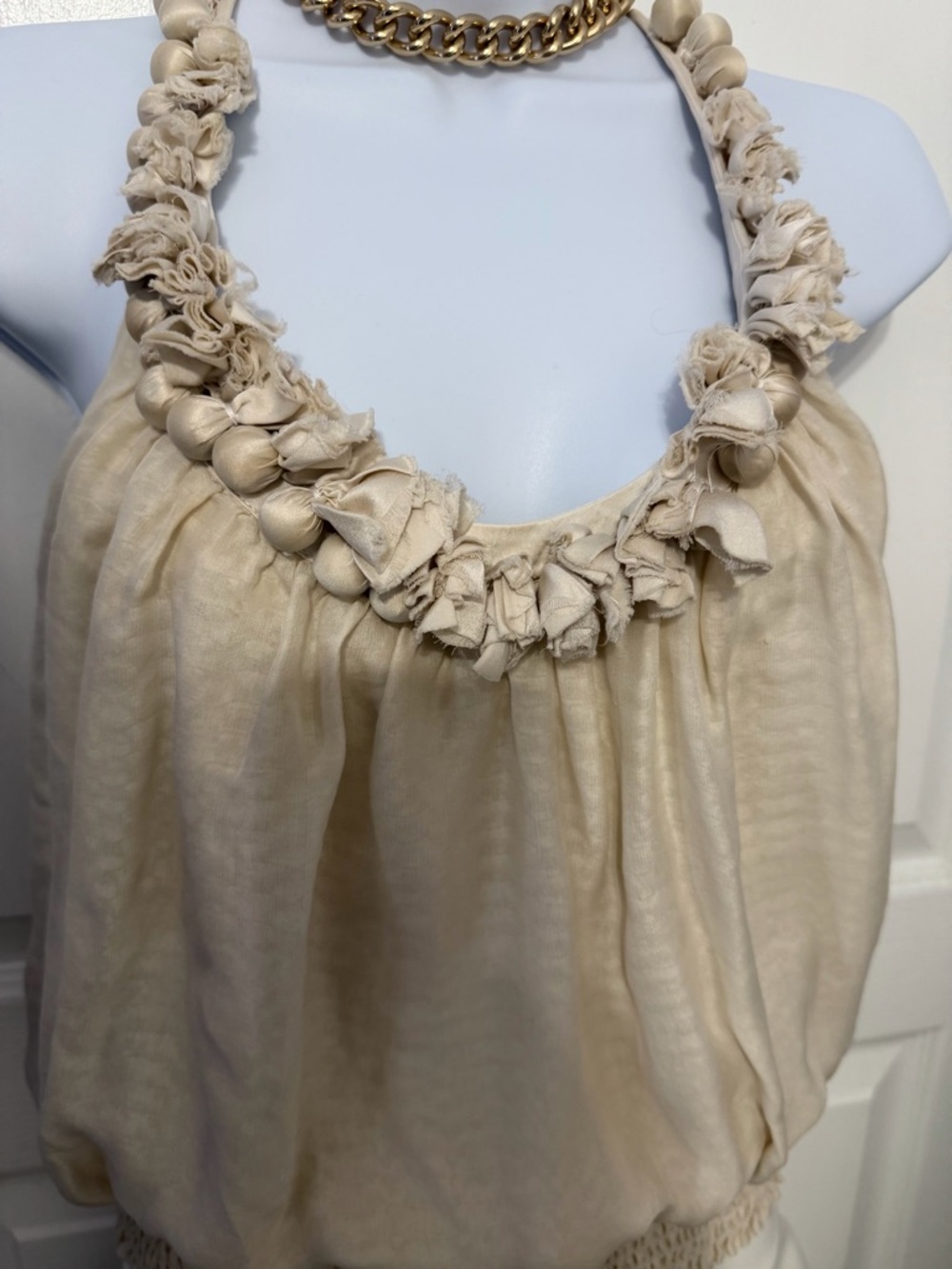 bebe Cream Halter Camisole with Knotted Bead Neckline